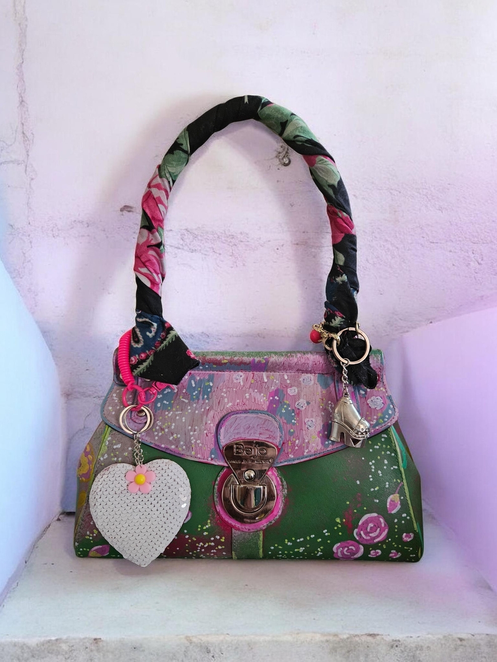 Beijo Green & Pink Floral Top-Handle Bag